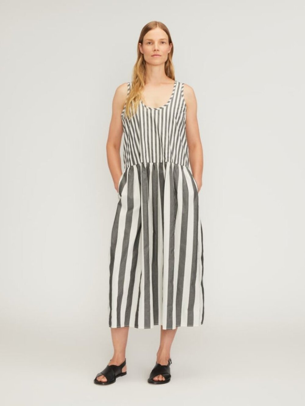 Everlane Poplin Summer Dress Dark Gray White Nautical Stripe Pockets Large